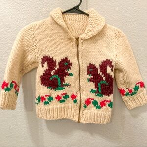 Vintage Hand Knit Wool Cowichan 60s Kids Full Zip Sweater Jacket Squirrel Floral